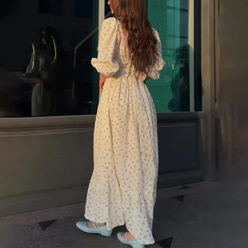 Women's Summer V-Neck Lantern Half-Sleeved High-Waisted Temperament Splicing Dress